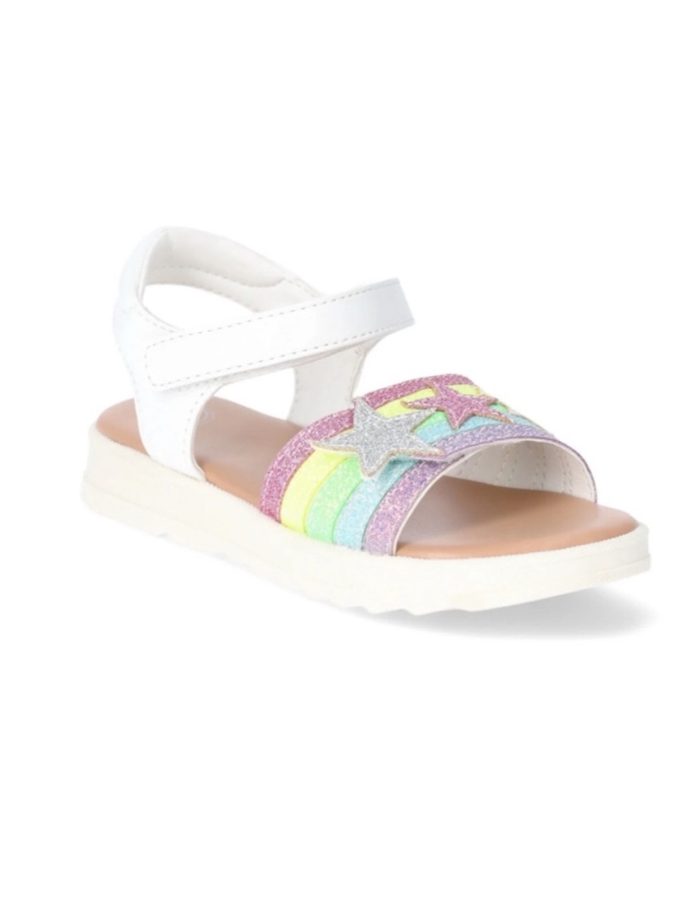 Wonder Nation White Sandals with Pastel Glitter Rainbow and Star Accents